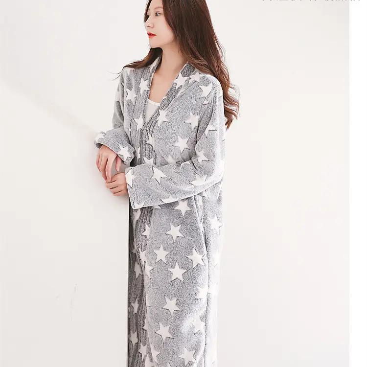 Custom Printed Logo Fashion Winter Zipper Polyester Organic Long Bathrobe for Women