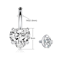 Piercing de nombril en titane en forme de cœur, barbell incurvé avec zircon, filetage interne, plaqué or 18 carats, bijou corporel de mariage