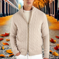 Kvetoo – Pull en maille torsadée beige à carreaux pour homme, mélange laine/viscose, respirant, séchage rapide, anti-boulochage, 320g, fermeture éclair frontale, collection automne, OEM
