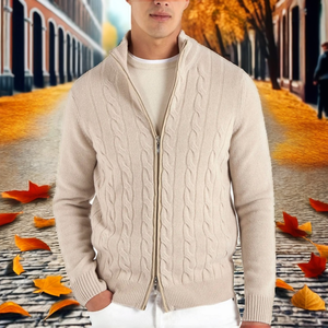Pull en maille torsadée beige à carreaux pour homme, mélange nylon/cachemire, respirant, séchage rapide, anti-boulochage, 320g, fermeture éclair frontale, manches longues, collection automne, ODM - Product Image 2