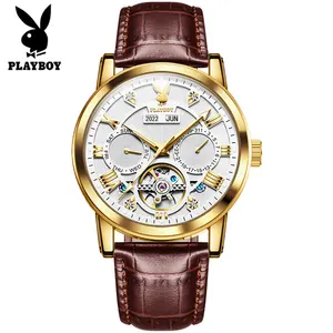 Playboy 3045 OEM Accept Skeleton Automatic Custom Logo Leather Belt Mechanical Men Watch In Wristwatch Luxury Relogio watch