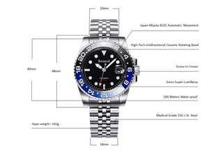 Reloj Mecánico Automático Renaud para Hombre, 40 mm, Sumergible 100 m, Caja de Acero Inoxidable, Forma Redonda, Movimiento Miyota - Product Image 6