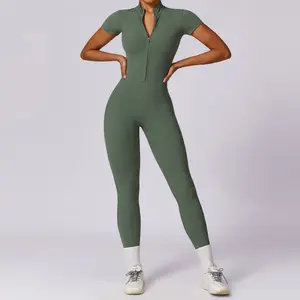 High Stretch 1 Piece Zip Short Sleeve Slim Fit Gym Bodysuit Women Plus Size Exercise Workout Yoga Jumpsuits