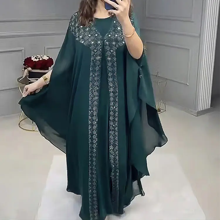 Vestido muçulmano abaya de chiffon com lantejoulas de alta qualidade para mulheres