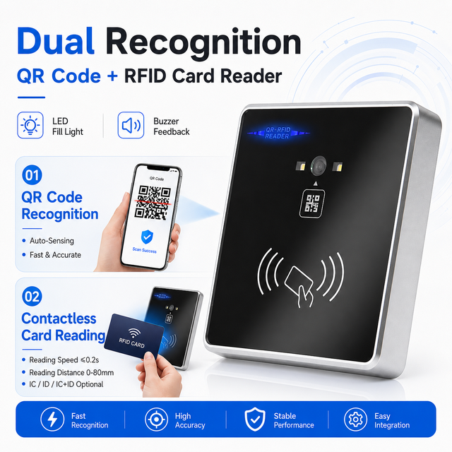 IC ID Card Reader with QR Code Scanner Dual Recognition Wiegand RS232 RS485 for Smart Access Control Gate Turnstile