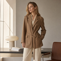 Blazer en cuir d'agneau mi-long pour femmes, marron, à revers crantés, avec ceinture à la taille et plusieurs poches, vêtement d'extérieur en peau de mouton