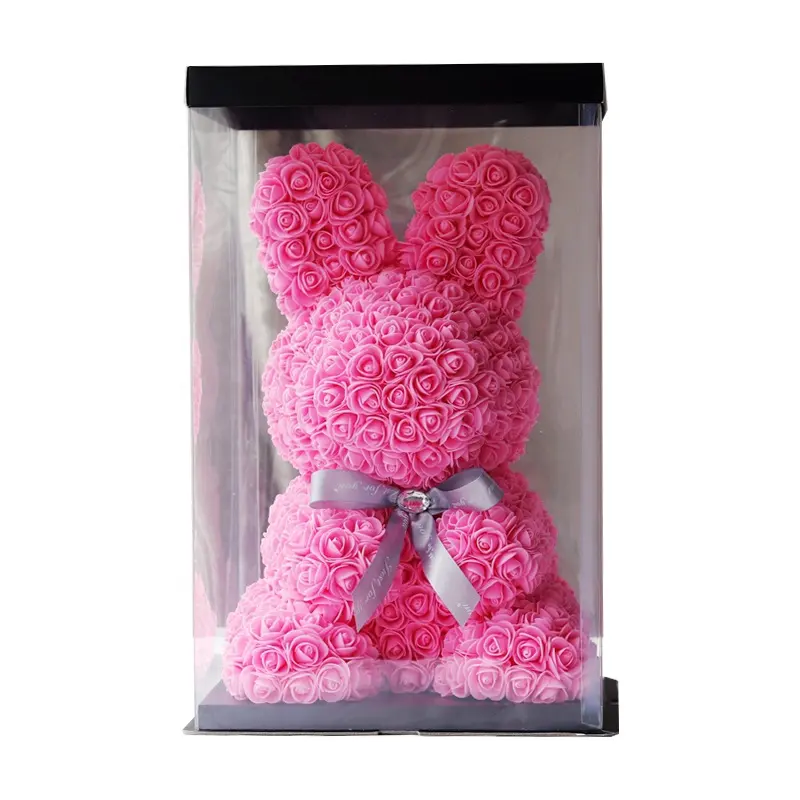 hot sale factory supply 40cm artificial foam eternal flower rose teddy bear rabbit with gift box for christmas valentine's