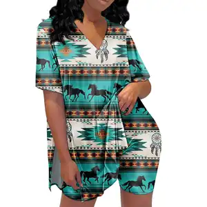 Damen Nachtwäsche Nachthemd African Tribal Boho Designs Pyjama Set Kurzarm Top mit Hosen Casual Breath able Nachtwäsche