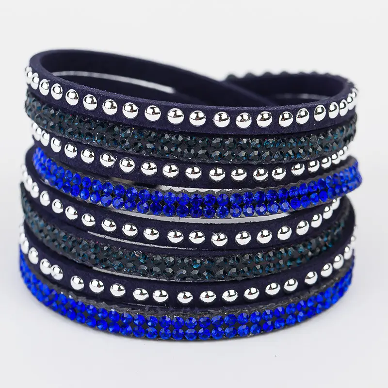 Wholesale popular custom fabric polyester Rhinestone Bling full crystal Fashion Wrap Bracelets Double wrap leather bracelet