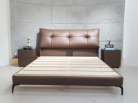 Lit en cuir véritable brun clair de la série Guste, meubles de chambre à coucher de luxe pour la maison et l'hôtel