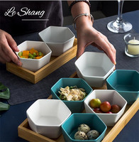 Prix usine nordique 6 pièces petits fruits Snack Dessert bols mat en céramique puce Dip bol ensemble avec plateau en bois