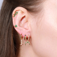 Juego de 5 Pendientes de Aro de Metal con Circonita Verde, Diseño de Gecko, Búho, Dinosaurio, Joyería de Animales, Pendientes Colgantes de Latón con Baño de Oro de 18k para Mujer