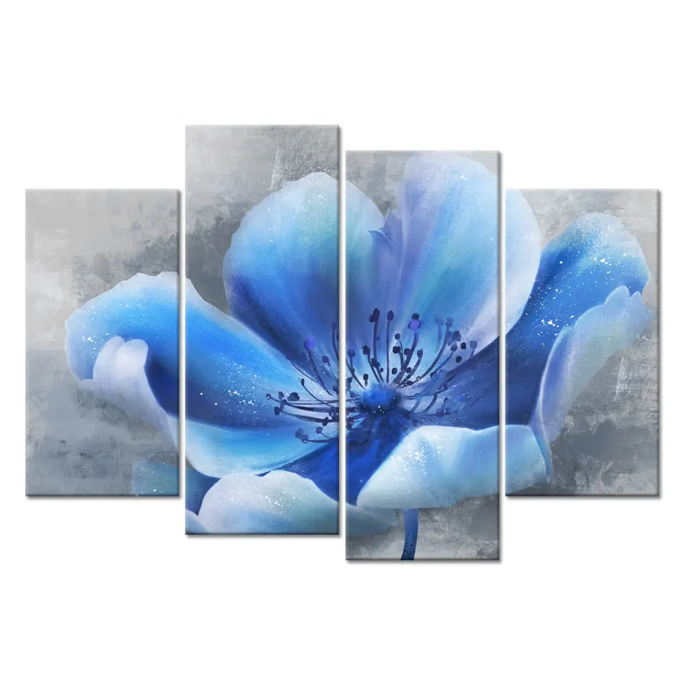Duobaorom 4 Panel Abstract Floral Wall Art Picture Blue Blooming Flower Artwork for Living Room Bedroom Home Decor