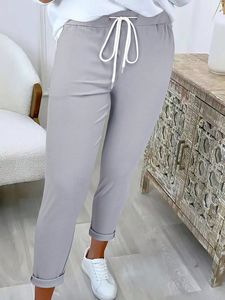 Pantalon court pour <span class=keywords><strong>femme</strong></span>, <span class=keywords><strong>taille</strong></span> <span class=keywords><strong>élastique</strong></span> avec cordon de serrage, ourlet retroussé, coupe fuselée, décontracté, pour le quotidien et les loisirs - Product Image 2