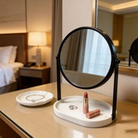 Miroir de maquillage rotatif à 360 degrés en métal noir, miroir de table rond avec plateau de rangement en résine imitation marbre, vente en gros
