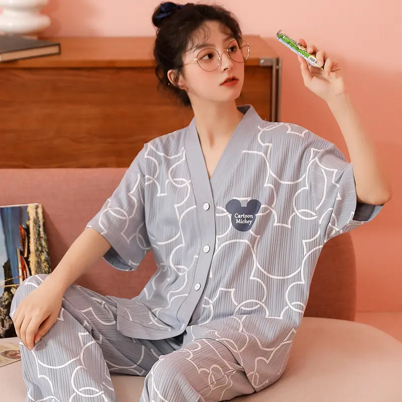Thin summer cardigan short sleeve trousers women's pyjama set cartoon leisure Korean female students home wear loose