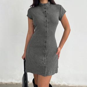 Tinta unita <span class=keywords><strong>in</strong></span> <span class=keywords><strong>maglia</strong></span> a mezza tinta unita a maniche corte monopetto Slim Fit elegante Mini <span class=keywords><strong>abito</strong></span> <span class=keywords><strong>grigio</strong></span> Cardigan a-line <span class=keywords><strong>abito</strong></span> Vintage - Product Image 1