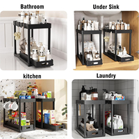 Organiseurs de rangement multifonctionnels en plastique CF à 2 niveaux, coulissants, pour sous-évier de salle de bain et de cuisine, avec crochets