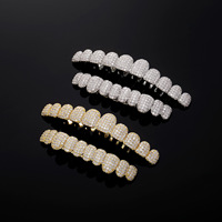 Grillz en laiton plaqué or 14K, 10 dents, zircone cubique ronde 5A 8A, ensemble pour dents supérieures et inférieures, style Hip Hop, bijou buccal pour usage quotidien