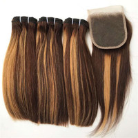 Extensions de cheveux humains 100 % naturels avec closure, couleur ombrée 4/27, lisses comme des baguettes, cheveux vierges avec closure pour livraison directe