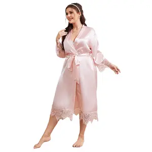 Nuovi arrivi plus size indumenti da notte da donna abbigliamento oversize donna kimono in pizzo rosa abiti in raso di seta