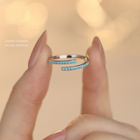 Bague empilable ouverte géométrique à double rangée délicate en argent sterling 925 et turquoise pour femme, vente en gros