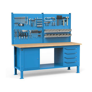 Banco de trabajo ajustable Fami WORK2038, 200cm, tapa de madera, 4 cajones, armario y pared perforada - Product Image 1