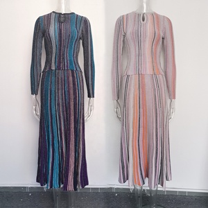 AIMEISI Wholesale New Round Neck Multi Color Stripe Long Sleeve <strong>Elastic</strong> Top Two Piece <strong>Skirts</strong> Sets Long <strong>Skirt</strong> Set for Women - Product Image 2