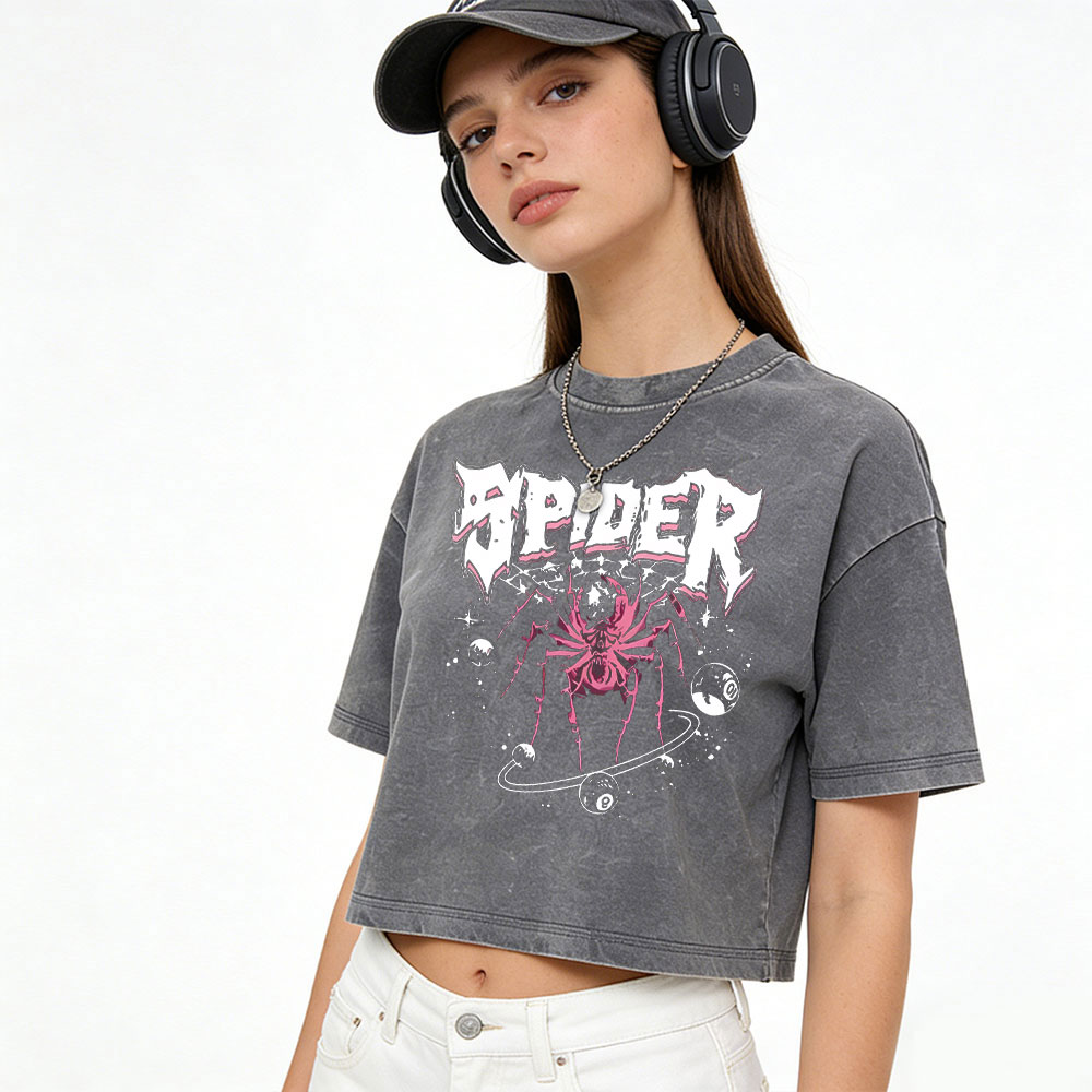 AMCLEVER 240GSM Heavyweight Cotton Vintage Washed Crop Top Women Acid Washed Short Sleeve Cropped Tee Streetwear
