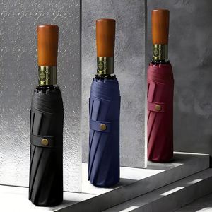Paraguas de sol automático con mango de madera, resistente al viento, con pegamento negro, anti-UV, para hombre y mujer, tamaño grande - Product Image 1