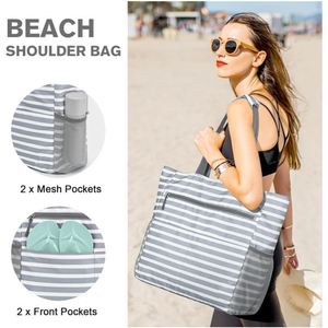 Bolso de Playa Extra Grande con Correa para la Muñeca, Impermeable, con Múltiples Bolsillos, a Rayas, para Mujer, con Cierre, a Prueba de Arena, Familiar - Product Image 2