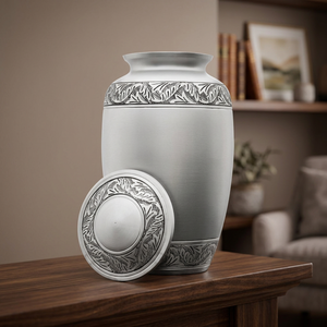 Silver Metal Cremation Urn <b>for</b> Human Ashes 220 Cubic Inch Capacity Durable Design with Embossed Lid Keepsake <b>Box</b> - Product Image 3
