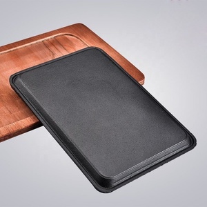 批发铸铁条纹牛排盘烧烤烤盘长方形嘶嘶烤盘木底牛排盘 - Product Image 3
