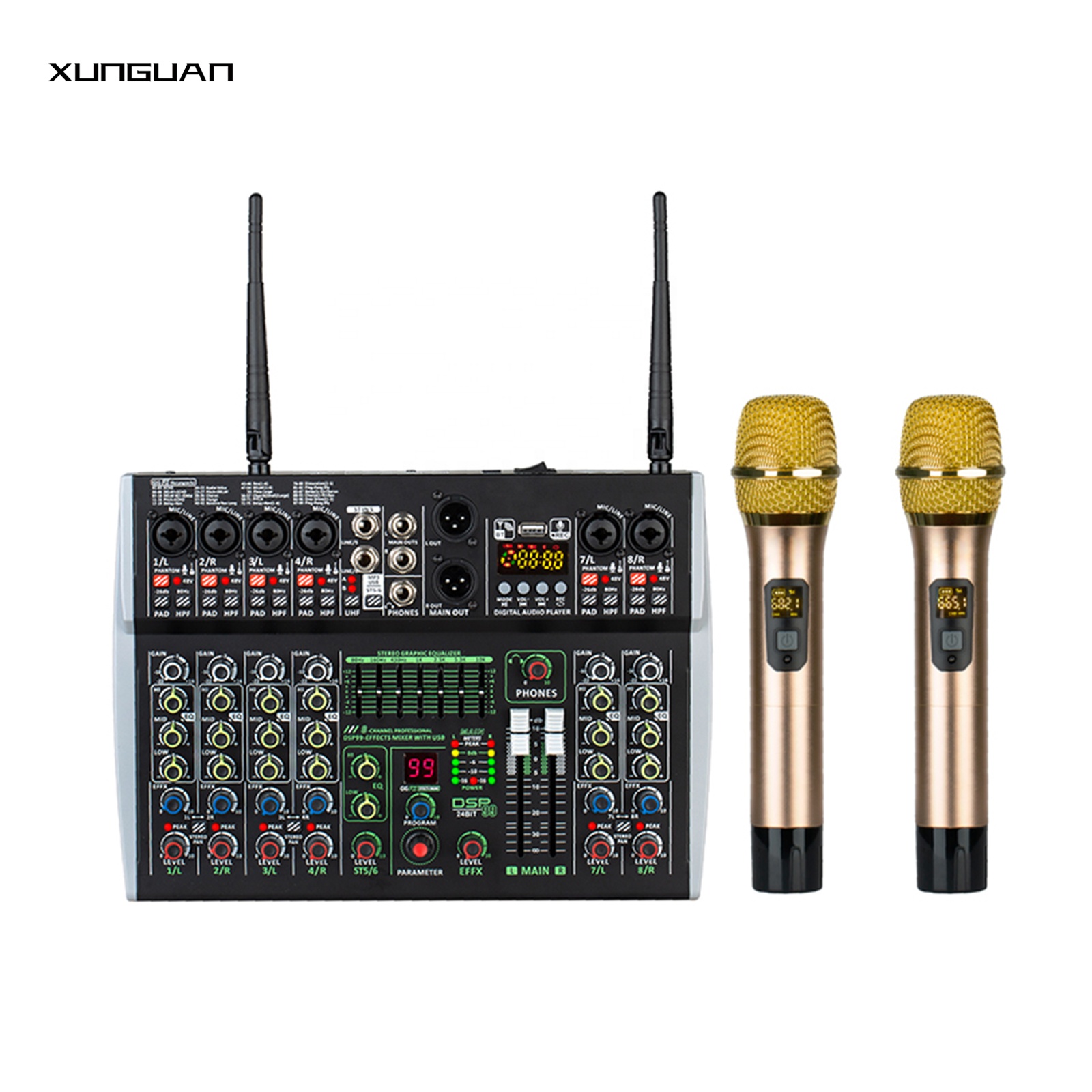 LX402DSP/LX602DSP + 2mic с UHF микрофоном небольшой аудио микшер консоль Bluetooth звуковая карта 4/6 каналов 99DSP/MP3/7-диапазонный EQ