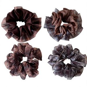 한국 스타일 카레 컬러 메쉬 플래드 보우 대형 헤어 링 여성용 레트로 수제 고탄성 웨딩 헤어 장식 - Product Image 1