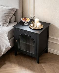 Modern Black Solid Wood Nightstand,Arched Fluted Glass Door Brass Knob Tapered Leg Bedside Cabinet for Bedroom <b>Night</b> <b>Stand</b> - Product Image 1