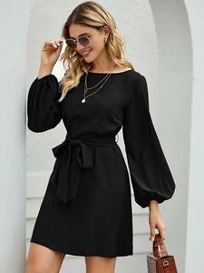 Vestido de Punto con Cuello Redondo y Línea A para Mujer, Vestido Mini Informal de Manga Larga con Estilo Holgado para Oficina, Vestidos de Color Sólido para Mujer - Product Image 3