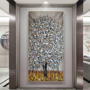 Tableau mural abstrait grand format, style européen, fait main et peint à la main, en acrylique sur toile, avec motif floral d'<span class=keywords><strong>arbre</strong></span> argenté, technique 3D à la spatule épaisse, entièrement peint. - Product Image 4