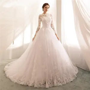 2022 New European and American Wedding Dress Lace Bridal Stand Collar Long Sleeve Round Neck Big Tail Large Size Muslim Wedding