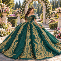 Robe de bal de Quinceañera Jancember, modèle Dy8570, luxueuse, vert émeraude, épaules dénudées, tulle brodé or antique.