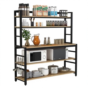 Étagère de rangement de cuisine noire avec support pour <span class=keywords><strong>four</strong></span> à <span class=keywords><strong>micro</strong></span>-ondes en bois <span class=keywords><strong>et</strong></span> crochets - Product Image 4