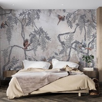 Papier peint mural imperméable beige clair avec des branches de fleurs et des oiseaux pour la décoration murale intérieure de la maison