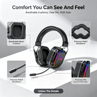 Casque de jeu sans fil OEM ODM avec design supra-auriculaire en métal et cuir, faible latence, éclairage RGB pour téléphone portable