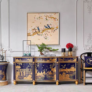 Antiguo estilo Rococó Francés <span class=keywords><strong>pintura</strong></span> a mano consola gabinete artista madera tallada grúa pintada a mano azul oscuro aparador gabinete - Product Image 4