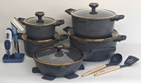 Ensemble de casseroles de cuisine en aluminium gris Joho de 21 pièces, poignées en bois, revêtement multicouche, compatible four et lave-vaisselle, couvercles en verre écologiques