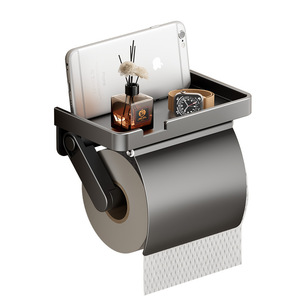 Portarrollos de papel higiénico montado en la pared con estante, diseño minimalista gris, soporte para papel de baño, forma rectangular impermeable - Product Image 5