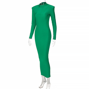Cuello alto Midi Bodycon Vestido Otoño Invierno Mujer Casual Manga larga S M L Vestido de talla grande Delgado Elástico Mujer Negro Azul Verde - Product Image 3