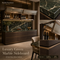 Buffet de salle à manger de luxe en marbre vert avec porte vitrée relevable, présentoir à vin, meuble de rangement moderne pour salon, écologique et personnalisable