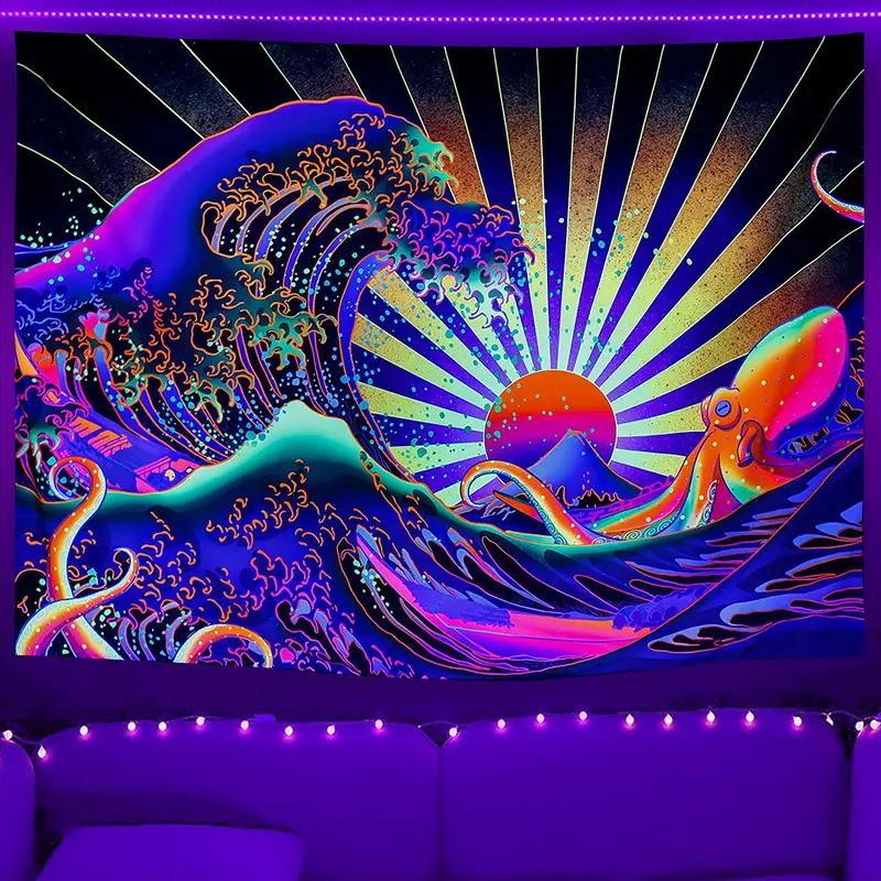 Japanese Kanagawa Sunset Blacklight UV Reactive Vintage Ocean Great Wave Glow In the Dark Tapestry Wall Hanging