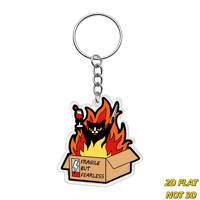 Porte-clés « Fragile mais intrépide » : Chat noir dans une boîte en flamme avec verre à vin, breloque en acrylique pour clés, sacs, sacs à dos